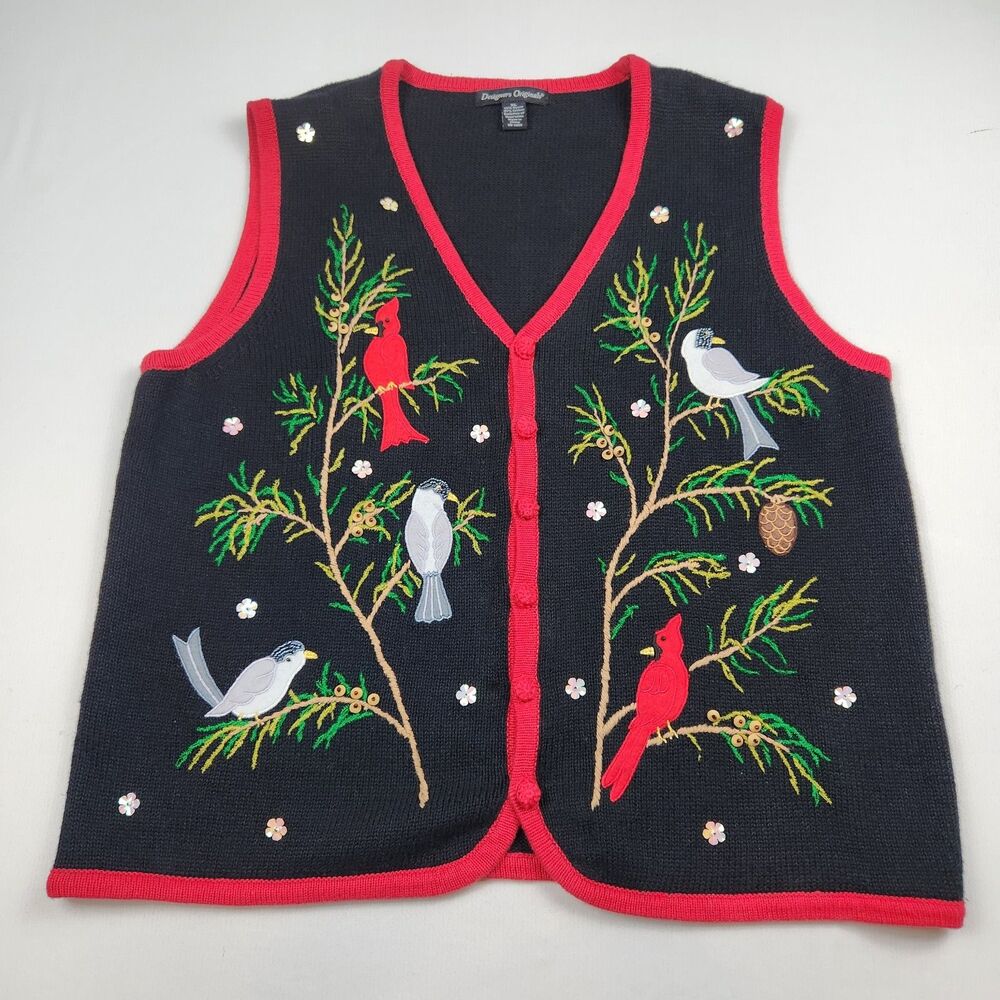 Designer Originals Holiday Sweater Vest Women XL Knit Cardinals Birds Black/Red